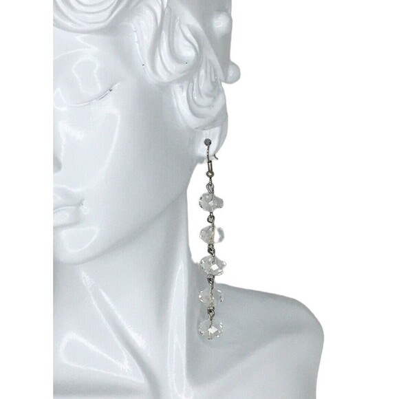 Crystal Long Dangle Earrings Elegant Round Faceted Classic Statement - Picture 1 of 6